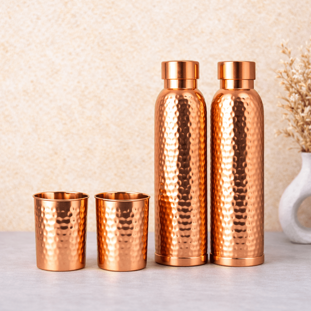 Premium Hand-Hammered Pure Copper Gift Set (2 Bottles & 2 Glasses