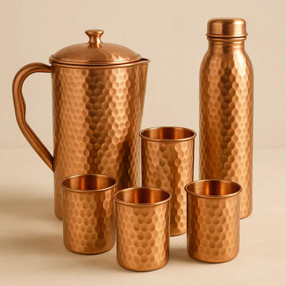 Pure Copper Drinkware Set – Jug, Bottle & 4 Glasses | Ayurvedic Wellness Kit
