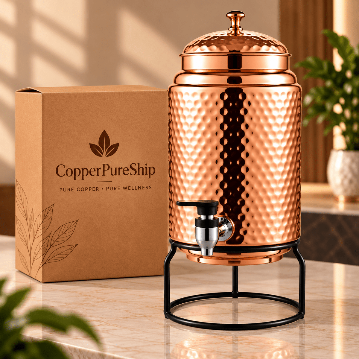 5L Pure Copper Water Dispenser – Hammered Copper Water Dispenser with Stand - Copperpureship