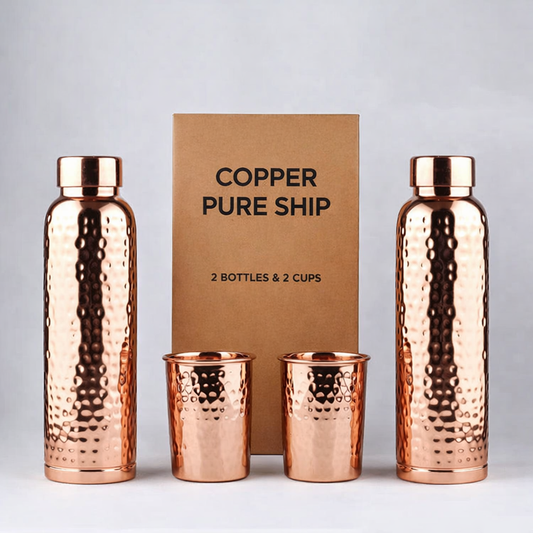 Premium Hammered Pure Copper Gift Set with 2 Bottles & 2 Glasses