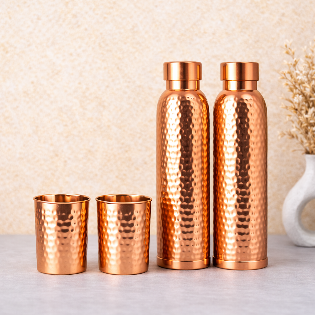 Premium Hand-Hammered  Pure Copper Gift Set (2 Bottles & 2 Glasses) | CopperPureShip