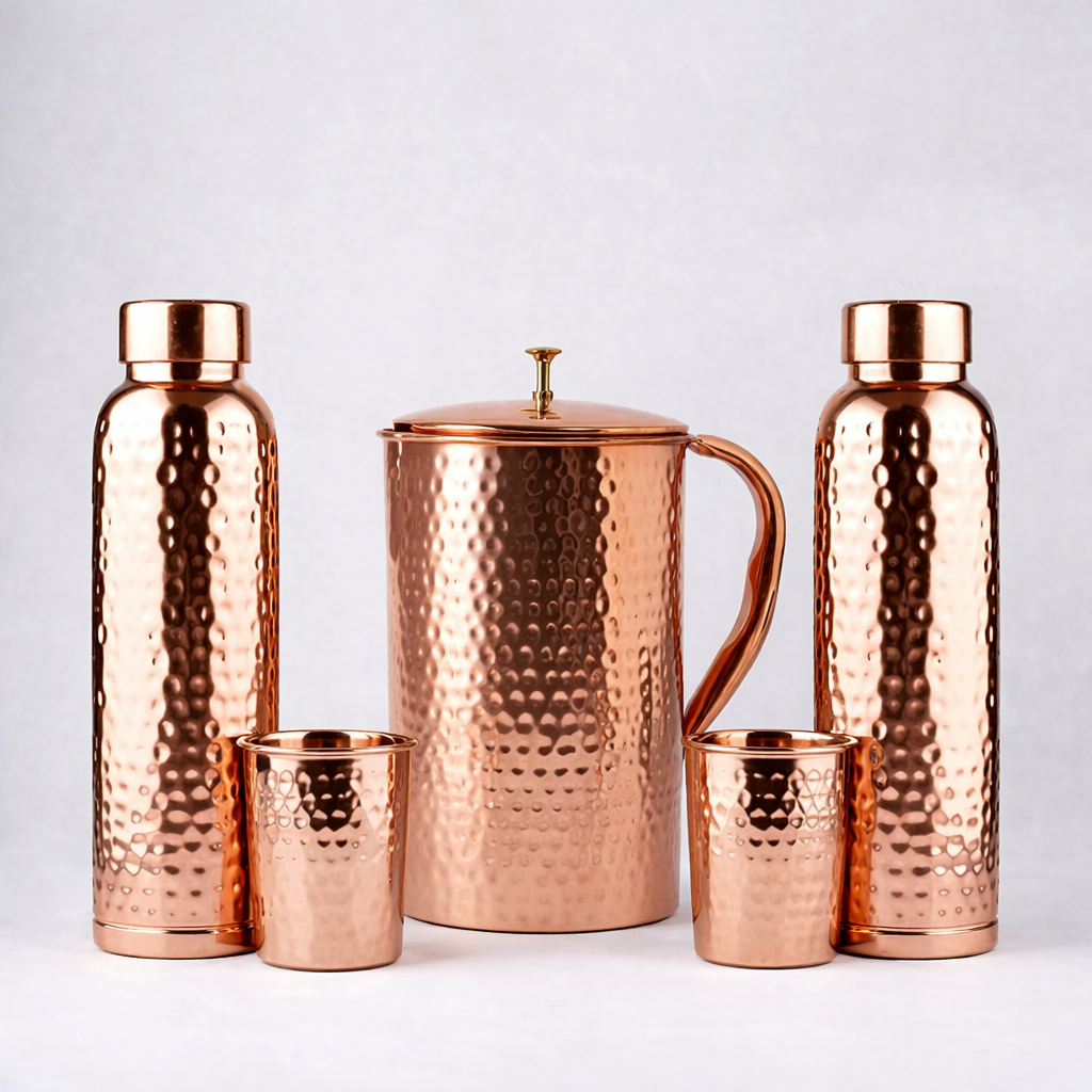 Ayurvedic Hammered Pure Copper Water Set – 2 Bottles, 2 Glasses & 1 Jug | Handmade Copper Set