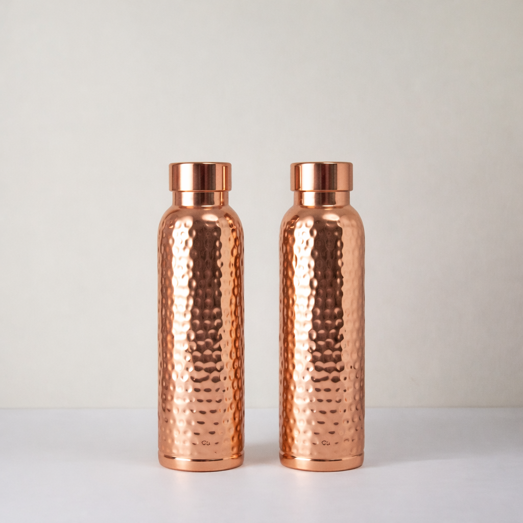 Ayurvedic Hammered Pure Copper Water Set – 2 Bottles, 2 Glasses & 1 Jug | Handmade Copper Set