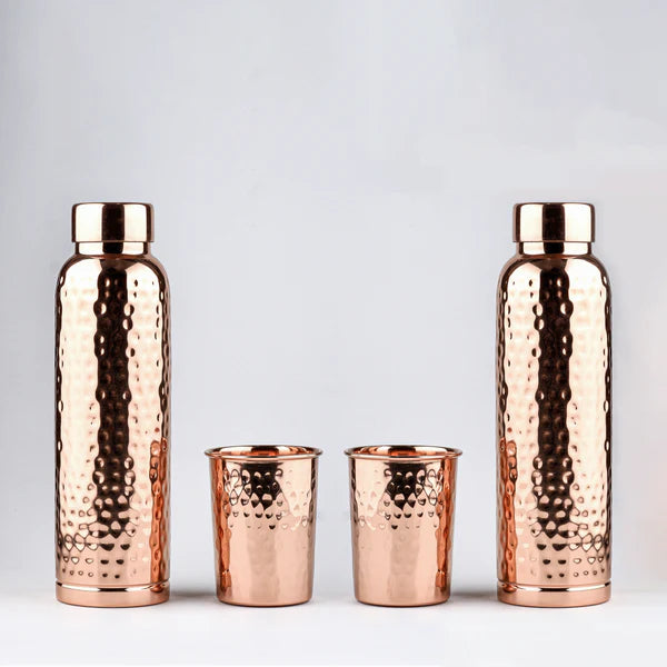 Hammered Copper Gift Set – 2 Bottles + 2 Glasses | PurelyCopper Exclusive