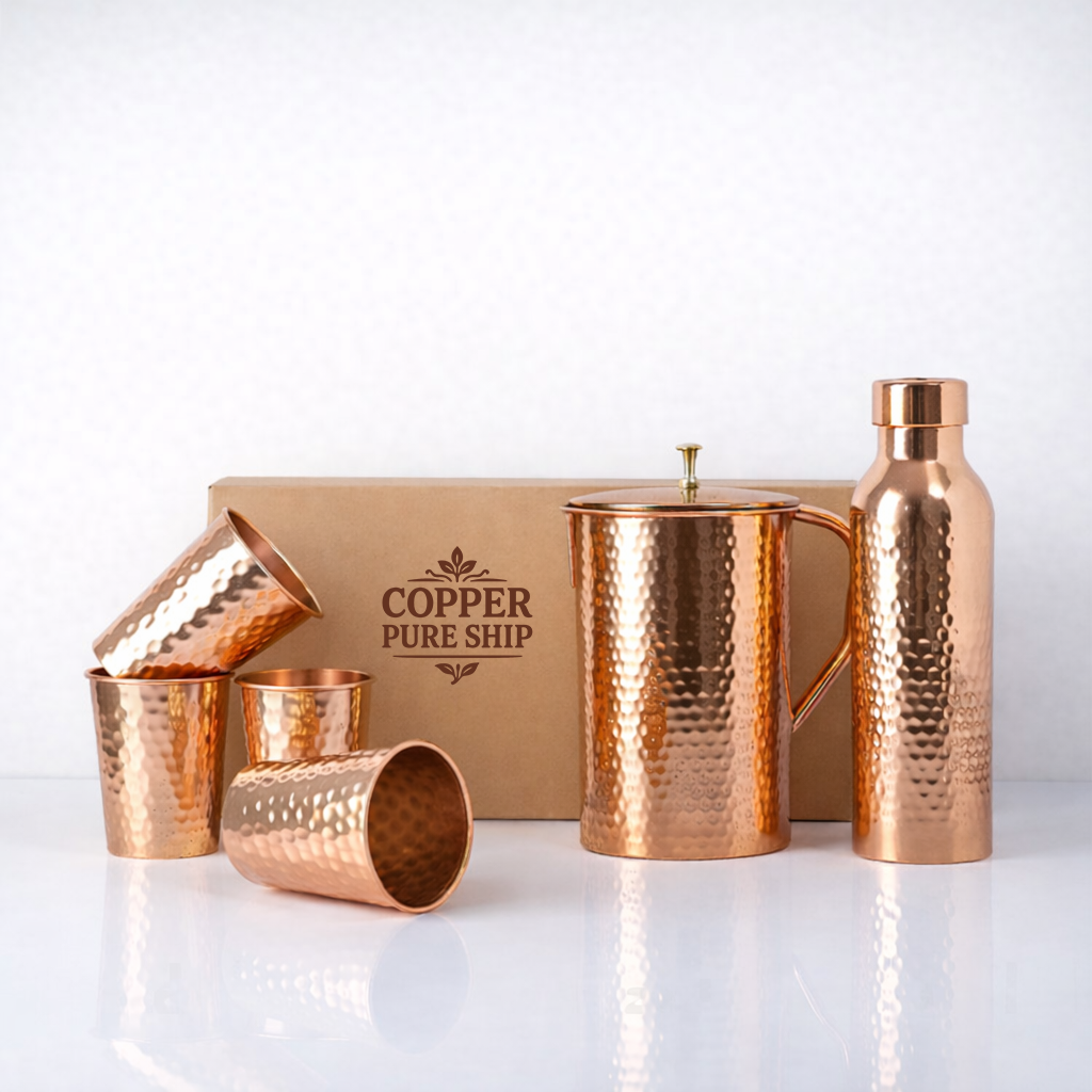 Premium Hammered Pure Copper Drinkware Set with Jug, Bottle & 4 Glasses