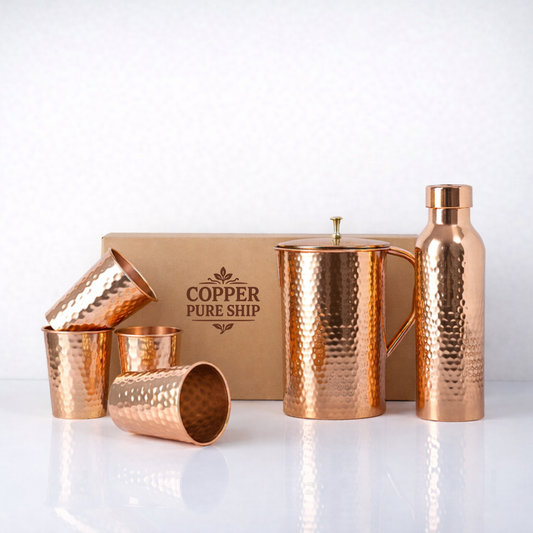 Premium Hammered Pure Copper Drinkware Set with Jug, Bottle & 4 Glasses