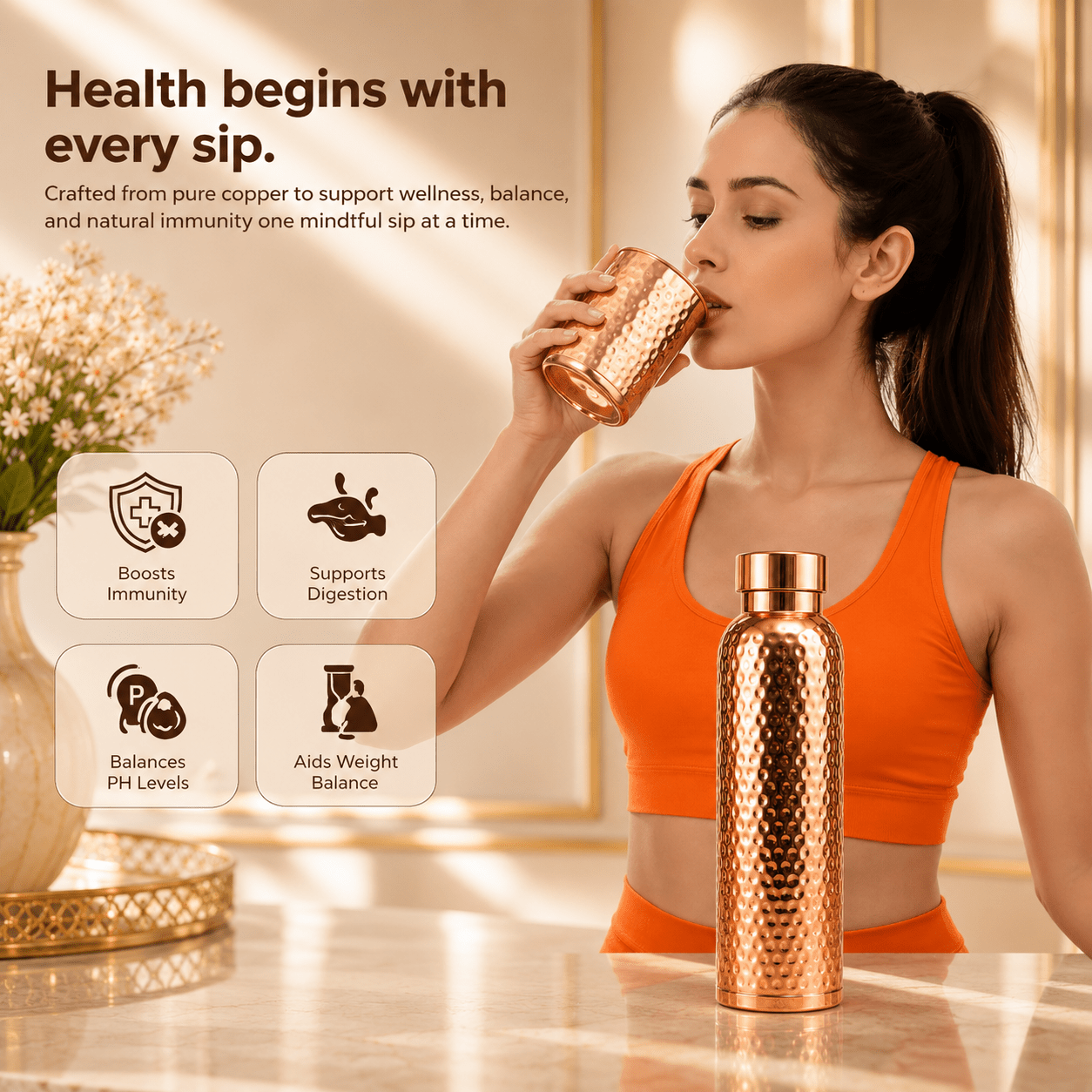 Ayurvedic Hammered Pure Copper Water Set – 2 Bottles, 2 Glasses & 1 Jug | Handmade Copper Set - Copperpureship