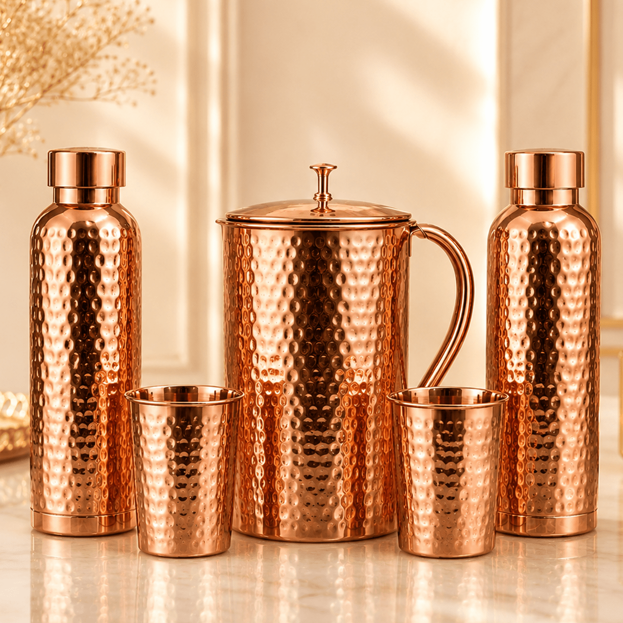 Ayurvedic Hammered Pure Copper Water Set – 2 Bottles, 2 Glasses & 1 Jug | Handmade Copper Set - Copperpureship
