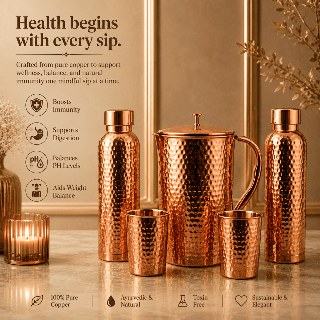 Ayurvedic Hammered Pure Copper Water Set – 2 Bottles, 2 Glasses & 1 Jug | Handmade Copper Set - Copperpureship