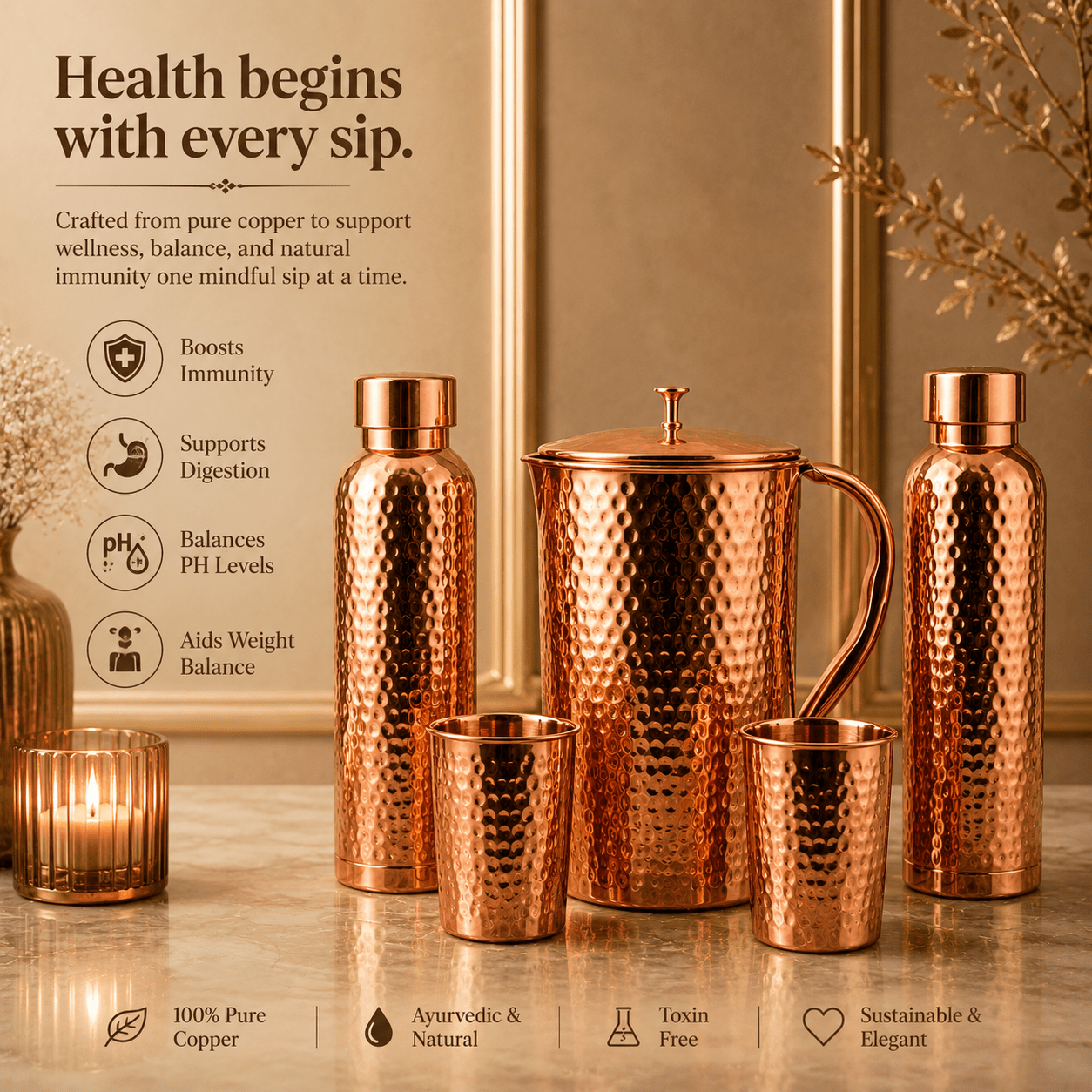 Ayurvedic Hammered Pure Copper Water Set – 2 Bottles, 2 Glasses & 1 Jug | Handmade Copper Set - Copperpureship