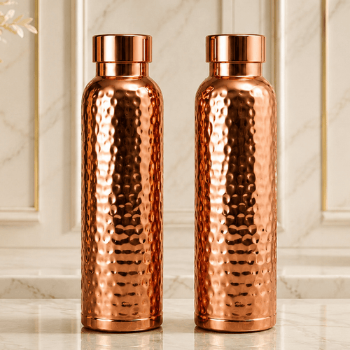 Ayurvedic Hammered Pure Copper Water Set – 2 Bottles, 2 Glasses & 1 Jug | Handmade Copper Set - Copperpureship