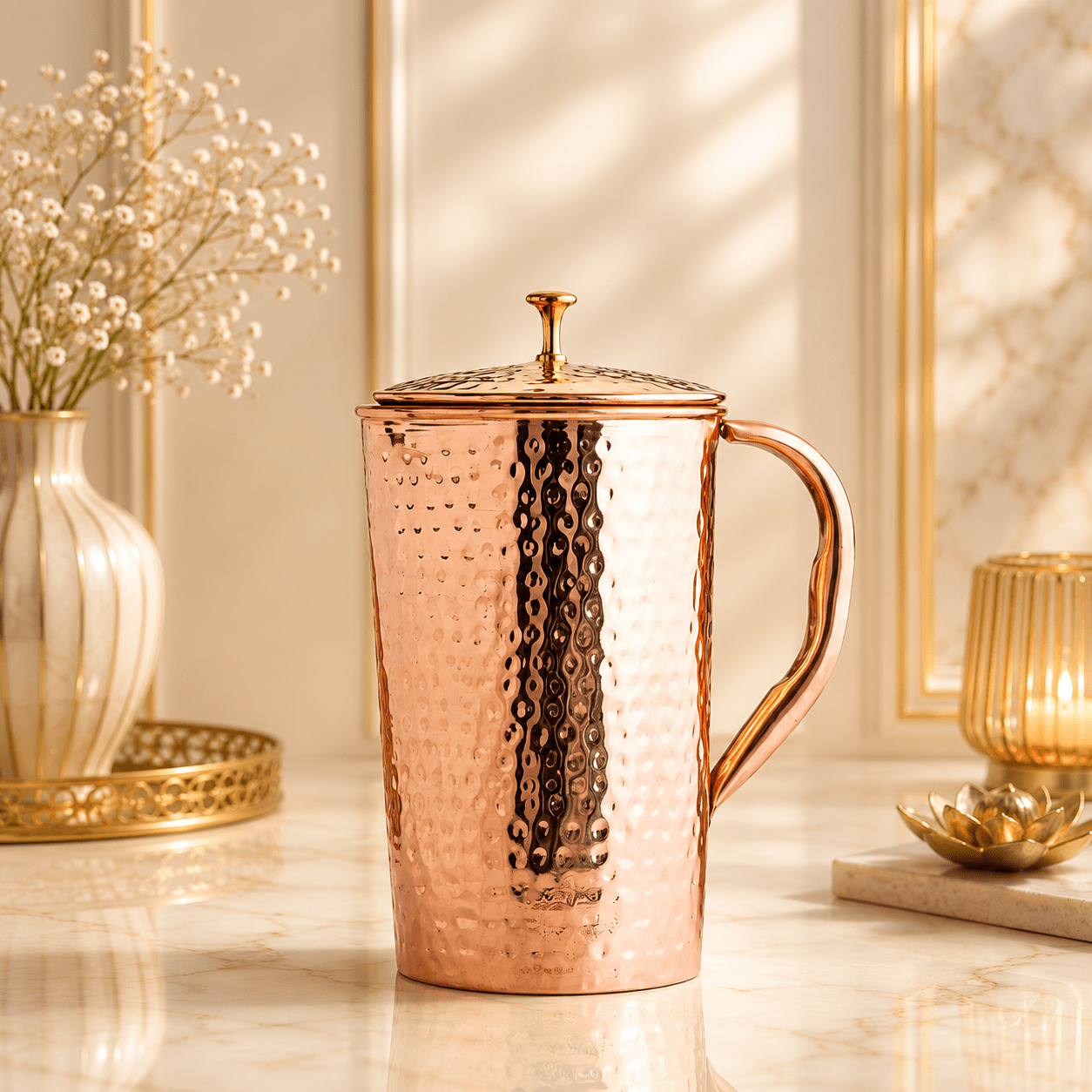Ayurvedic Hammered Pure Copper Water Set – 2 Bottles, 2 Glasses & 1 Jug | Handmade Copper Set - Copperpureship