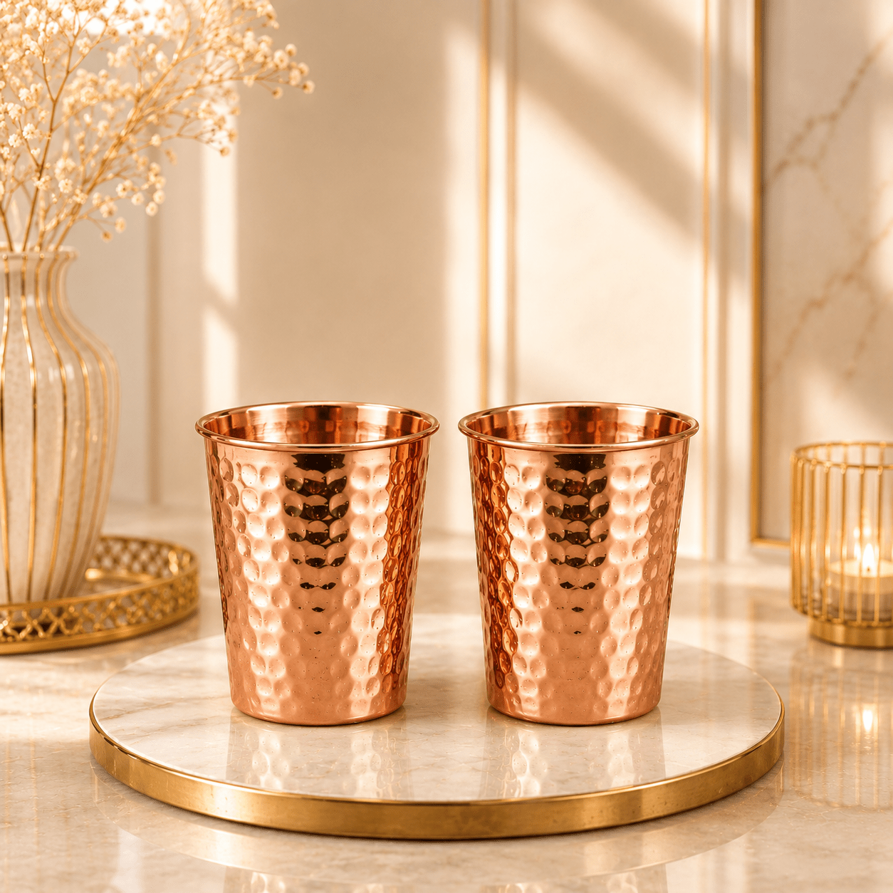 Ayurvedic Hammered Pure Copper Water Set – 2 Bottles, 2 Glasses & 1 Jug | Handmade Copper Set - Copperpureship