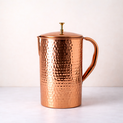Ayurvedic Hammered Pure Copper Water Set – 2 Bottles, 2 Glasses & 1 Jug | Handmade Copper Set