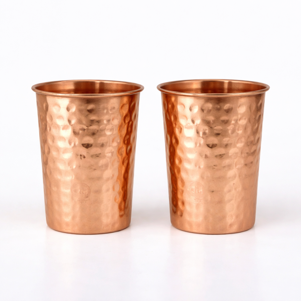 Ayurvedic Hammered Pure Copper Water Set – 2 Bottles, 2 Glasses & 1 Jug | Handmade Copper Set