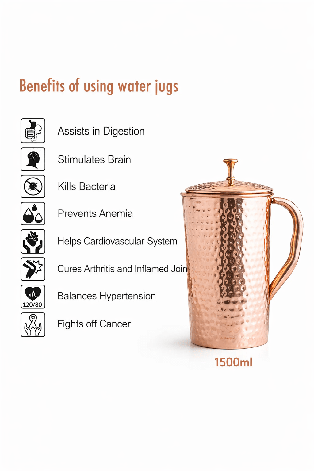Hand-Hammered Copper Water Jug – 1.2L | CopperPureShip - Copperpureship