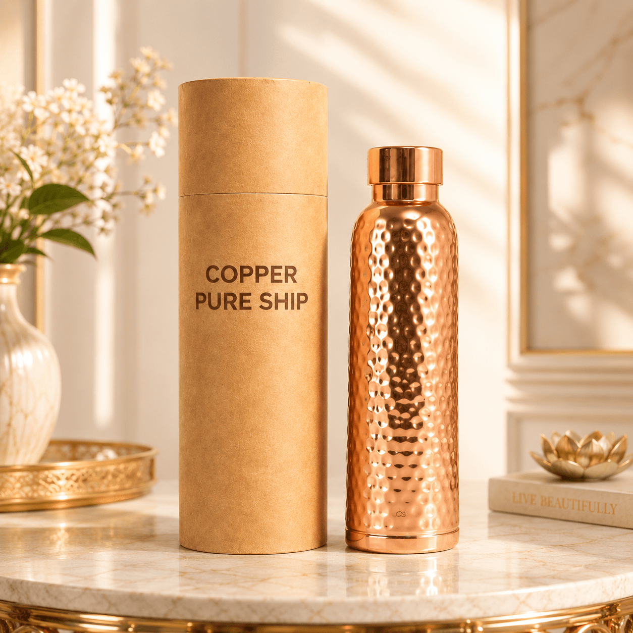 Hand-Hammered Pure Copper Bottle (1L, Pack of 1) | CopperPureShip - Copperpureship