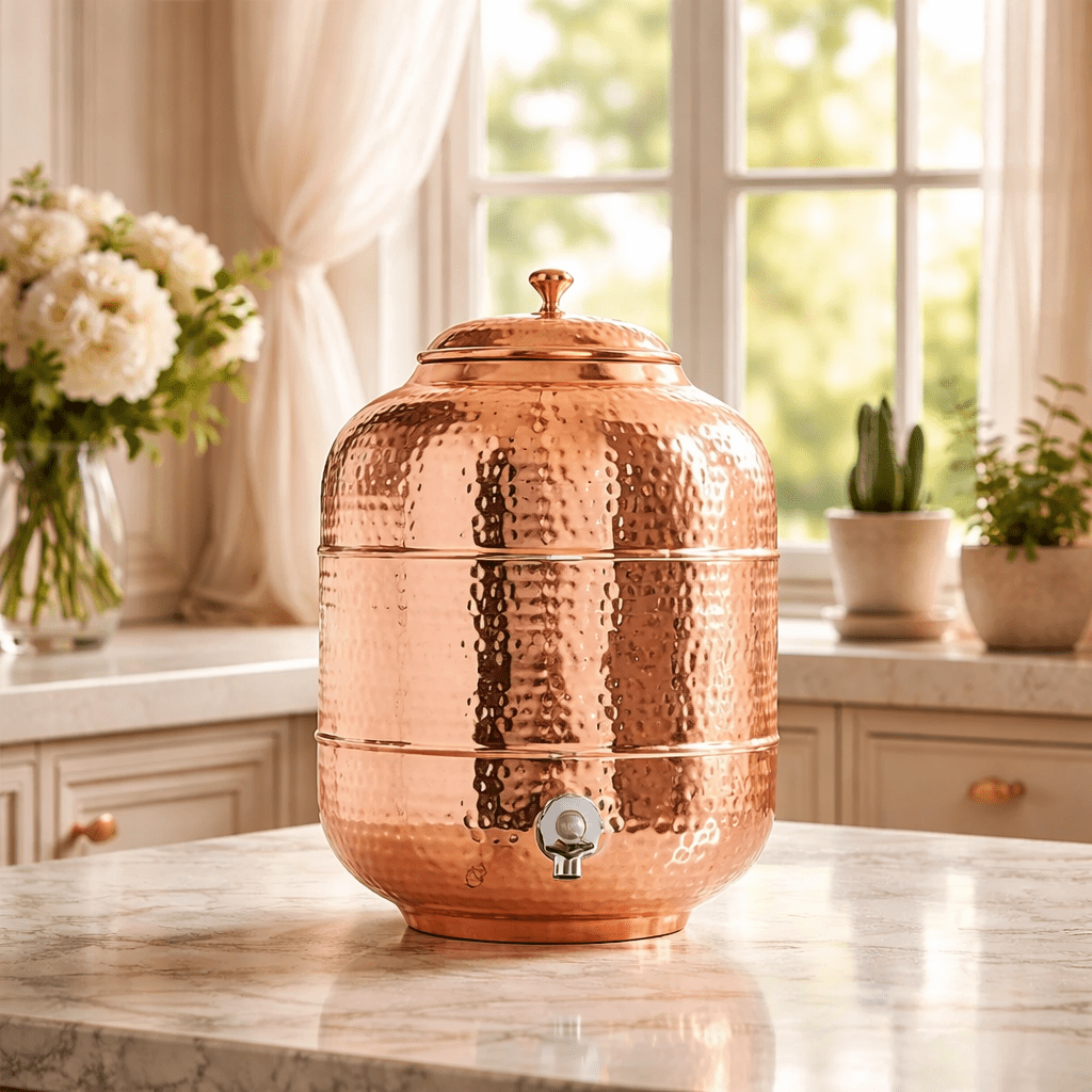 Premium Hand-Hammered 5 Liter 99.99% Pure Copper Water Dispenser with 4 Glasses – Luxury Drinking Set | CopperPureShip - Copperpureship