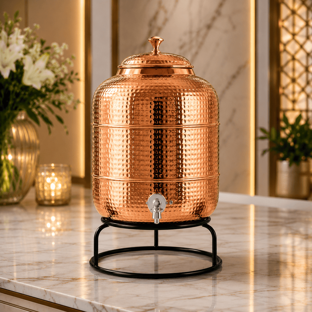 Premium Hand-Hammered 5 Liter 99.99% Pure Copper Water Dispenser with 4 Glasses – Luxury Drinking Set | CopperPureShip - Copperpureship