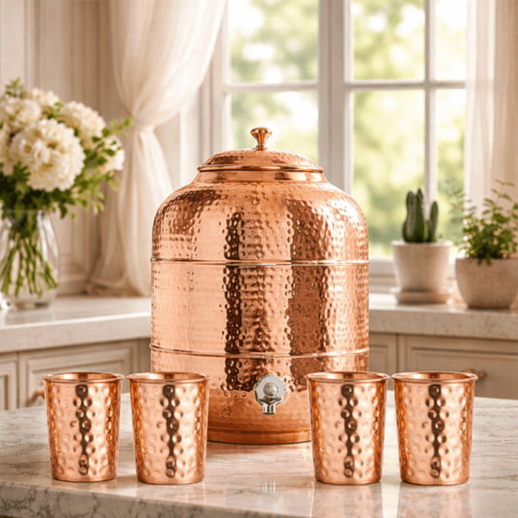 Premium Hand-Hammered 5 Liter 99.99% Pure Copper Water Dispenser with 4 Glasses – Luxury Drinking Set | CopperPureShip - Copperpureship