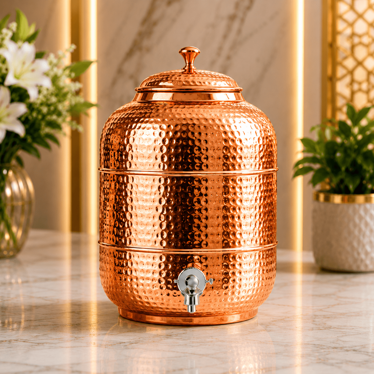 Premium Hand-Hammered 5 Liter 99.99% Pure Copper Water Dispenser with 4 Glasses – Luxury Drinking Set | CopperPureShip - Copperpureship
