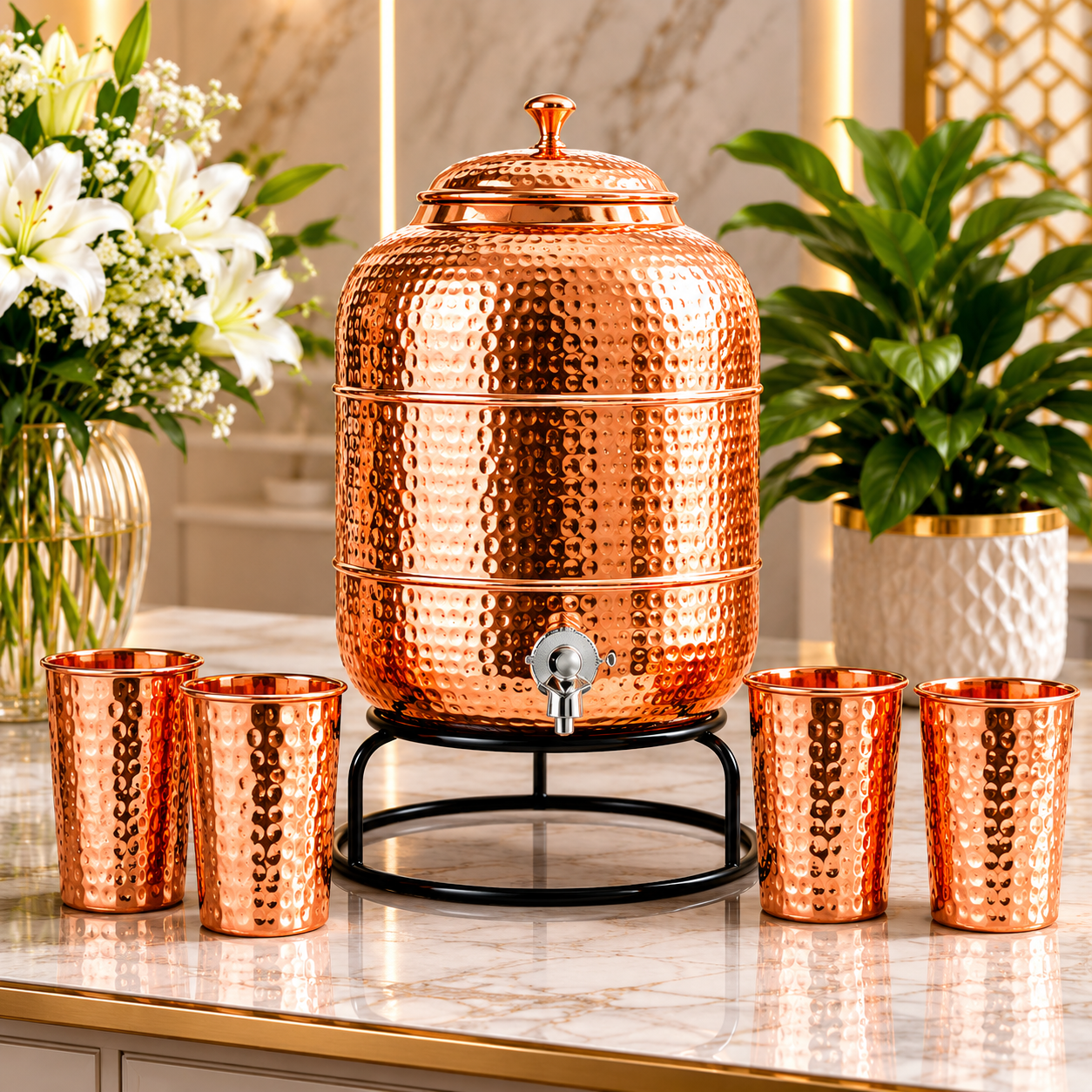 Premium Hand-Hammered 5 Liter 99.99% Pure Copper Water Dispenser with 4 Glasses – Luxury Drinking Set | CopperPureShip - Copperpureship