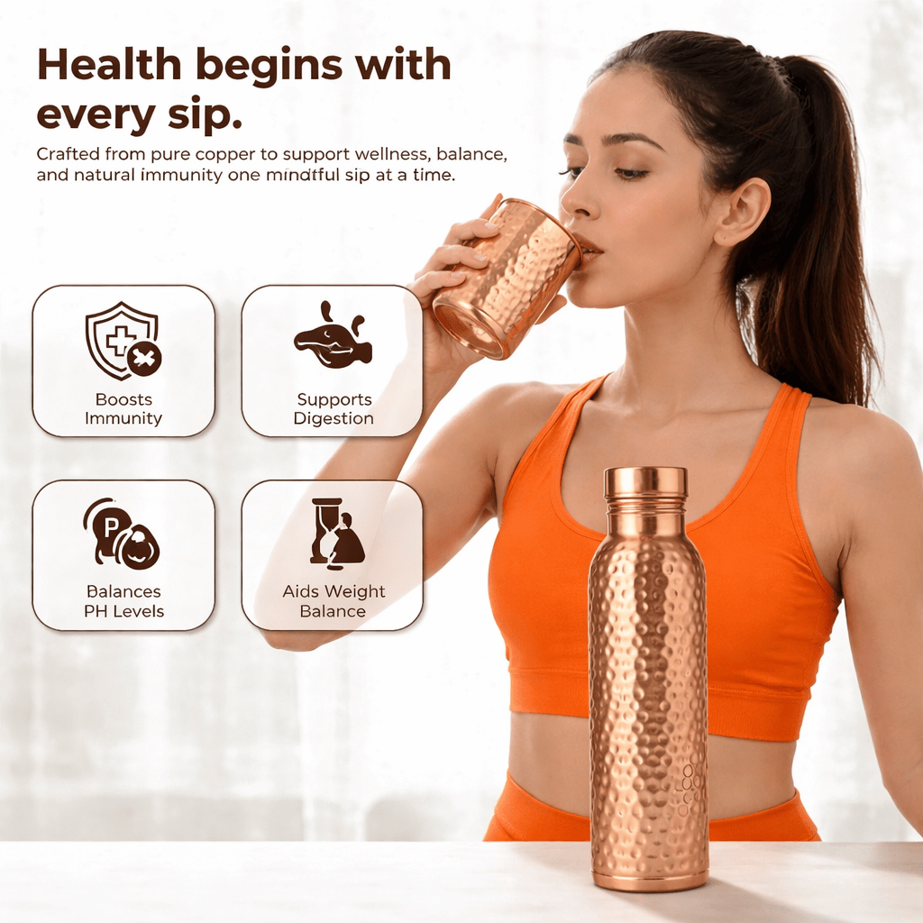 Premium Hand-Hammered Pure Copper Gift Set (2 Bottles & 2 Glasses) | CopperPureShip - Copperpureship