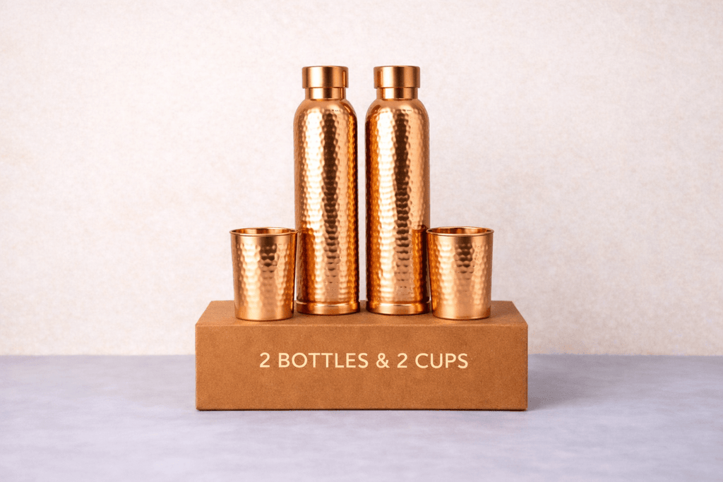 Premium Hand-Hammered Pure Copper Gift Set (2 Bottles & 2 Glasses) | CopperPureShip - Copperpureship