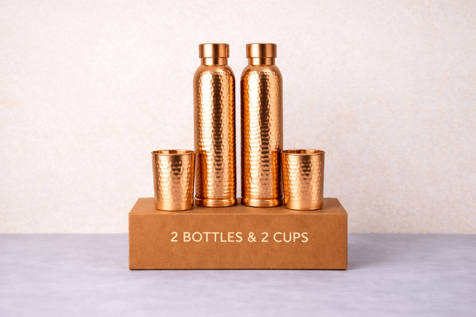 Premium Hand-Hammered Pure Copper Gift Set (2 Bottles & 2 Glasses) | CopperPureShip - Copperpureship