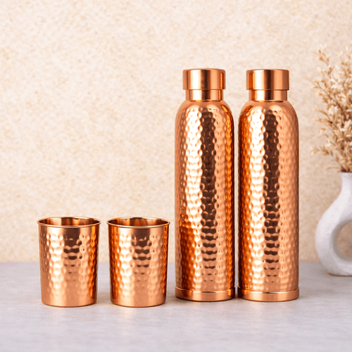 Premium Hand-Hammered Pure Copper Gift Set (2 Bottles & 2 Glasses) | CopperPureShip - Copperpureship