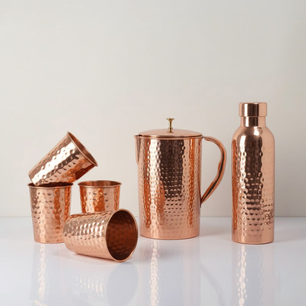 Premium Hammered Pure Copper Drinkware Set with Jug, Bottle & 4 Glasses