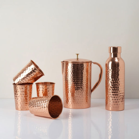 Premium Hammered Pure Copper Drinkware Set with Jug, Bottle & 4 Glasses